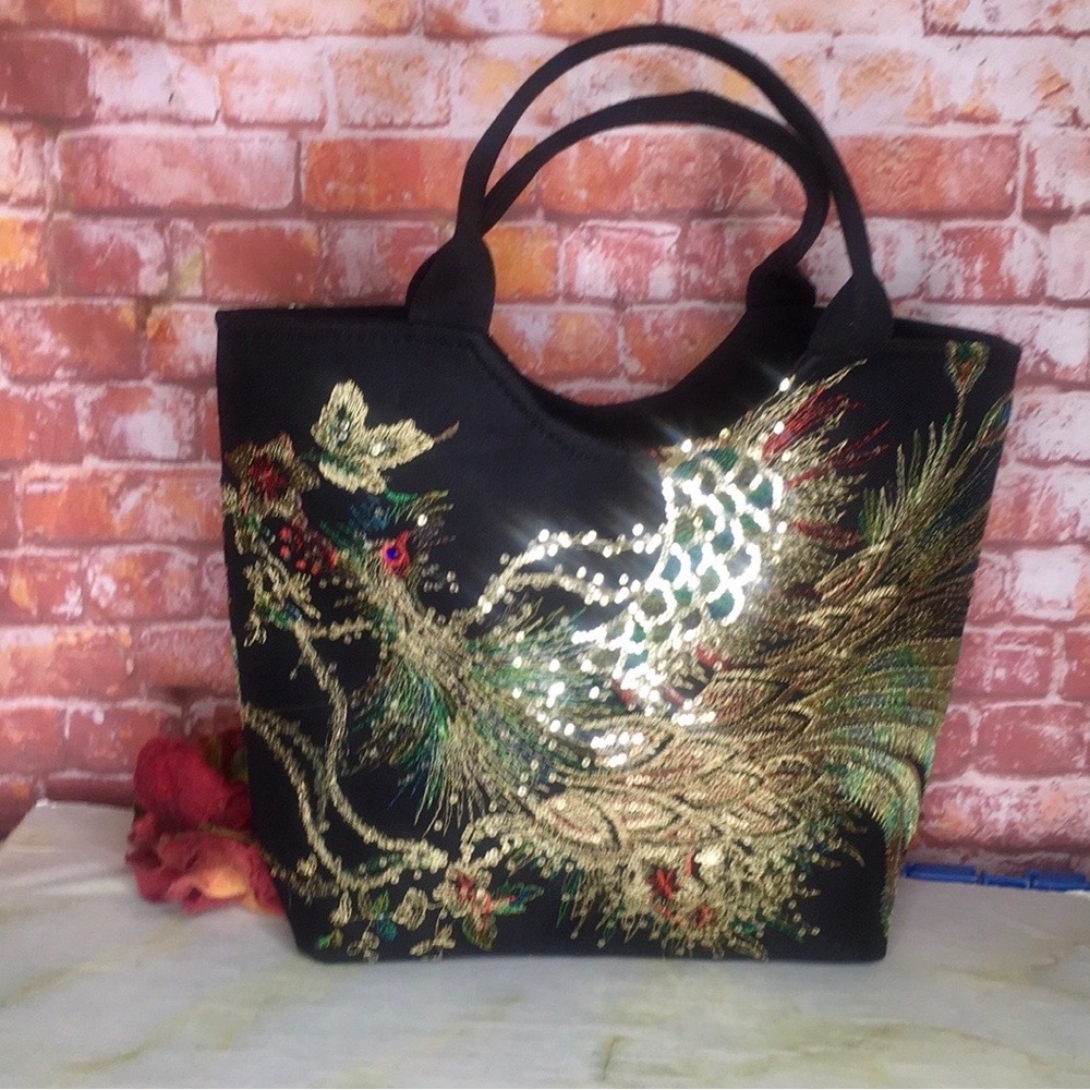 Black Asian Inspired Sequined Embroidered Peacock Floral Tote Bag